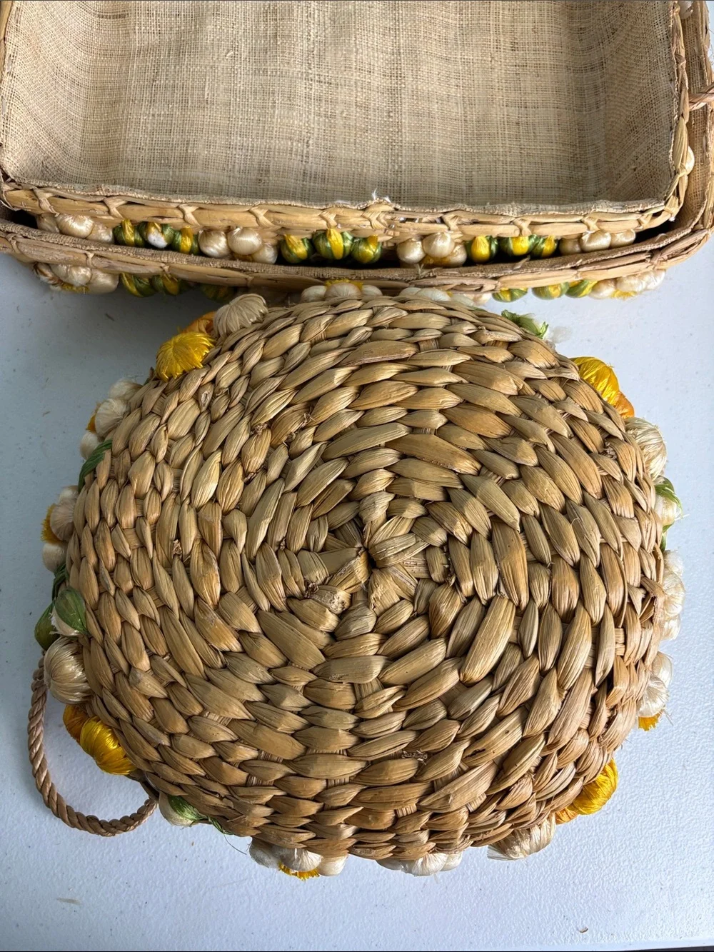 Set of 3 Vintage Handwoven Raffia and Seagrass Trays with Yellow Floral Accents